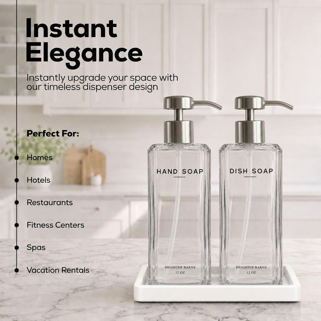 Glass Hand and Dish Soap Dispenser Set by Brighter Barns - 12oz Modern Kitchen Soap Dispenser, Stainless Steel Pump - Minimalist Home Decor for Hotel, Restaurant, Vacation Rental, Gifts (Clear/Silver)