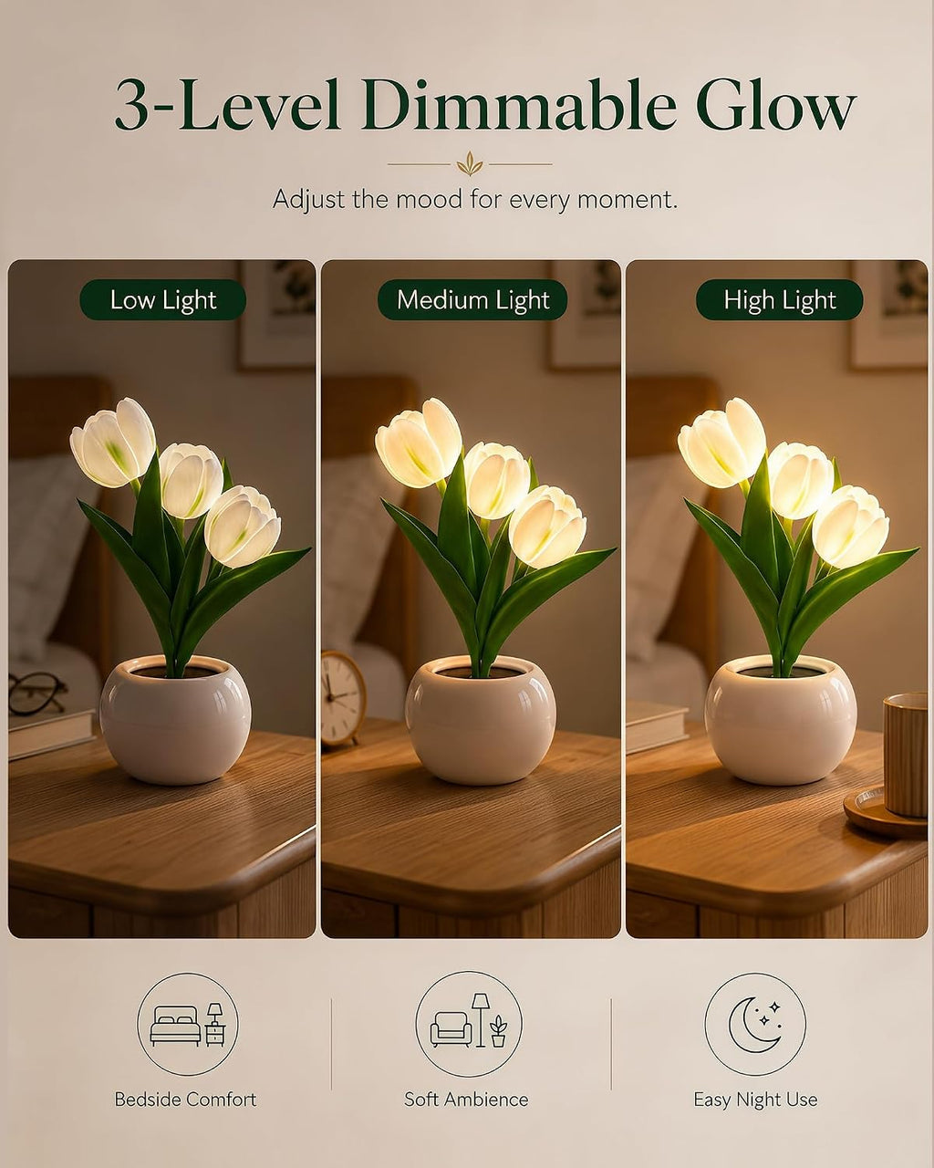 Tulip Flower Lamp LED Desk Night Light with Vase (White)