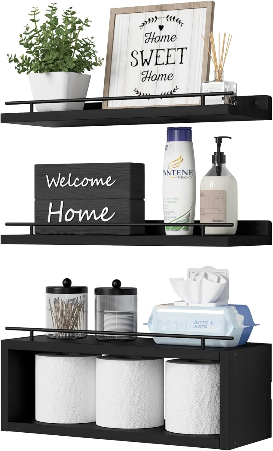 WOPITUES Floating Shelves for Wall with Cube Shelf, Wall Shelves with Metal Rail for Bathroom Decor, Bathroom Organizers and Storage, Over Toilet Shelves for Toilet Paper-Black