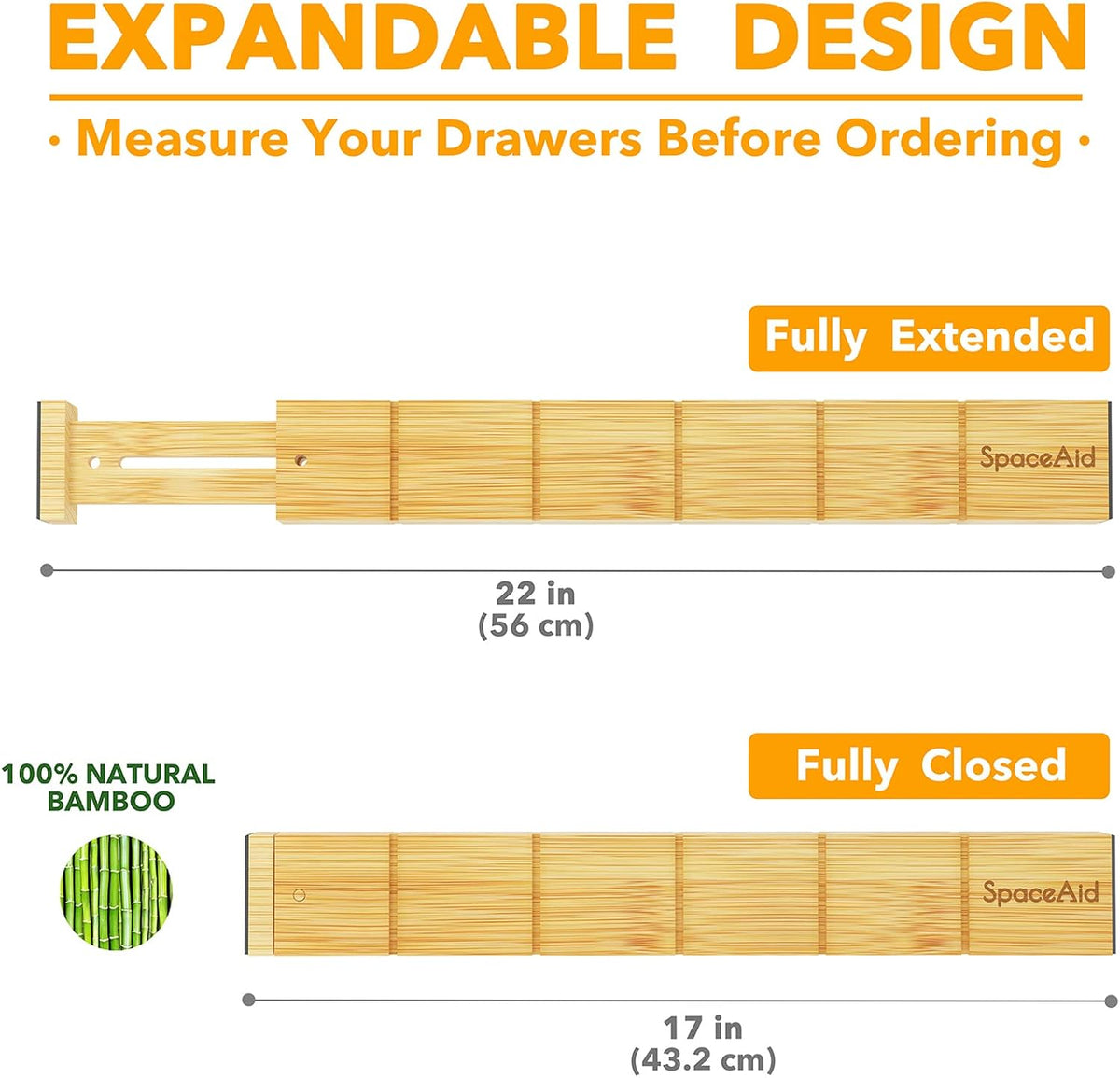 SpaceAid Bamboo Spice Drawer Organizer and Bamboo Drawer Dividers with Inserts and Labels, Kitchen Adjustable Drawer Organizers