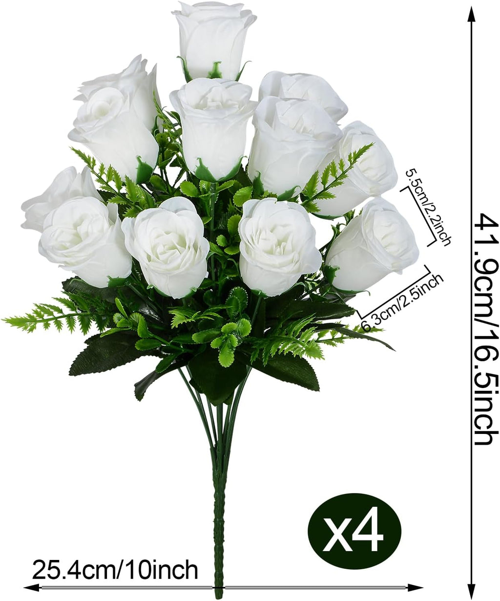 Artificial Rose Flowers Bouquet Realistic Silk Rose Fake Flowers for Wedding Home Centerpieces Party Cemetery Grave Decoration (4 Bouquets, White)