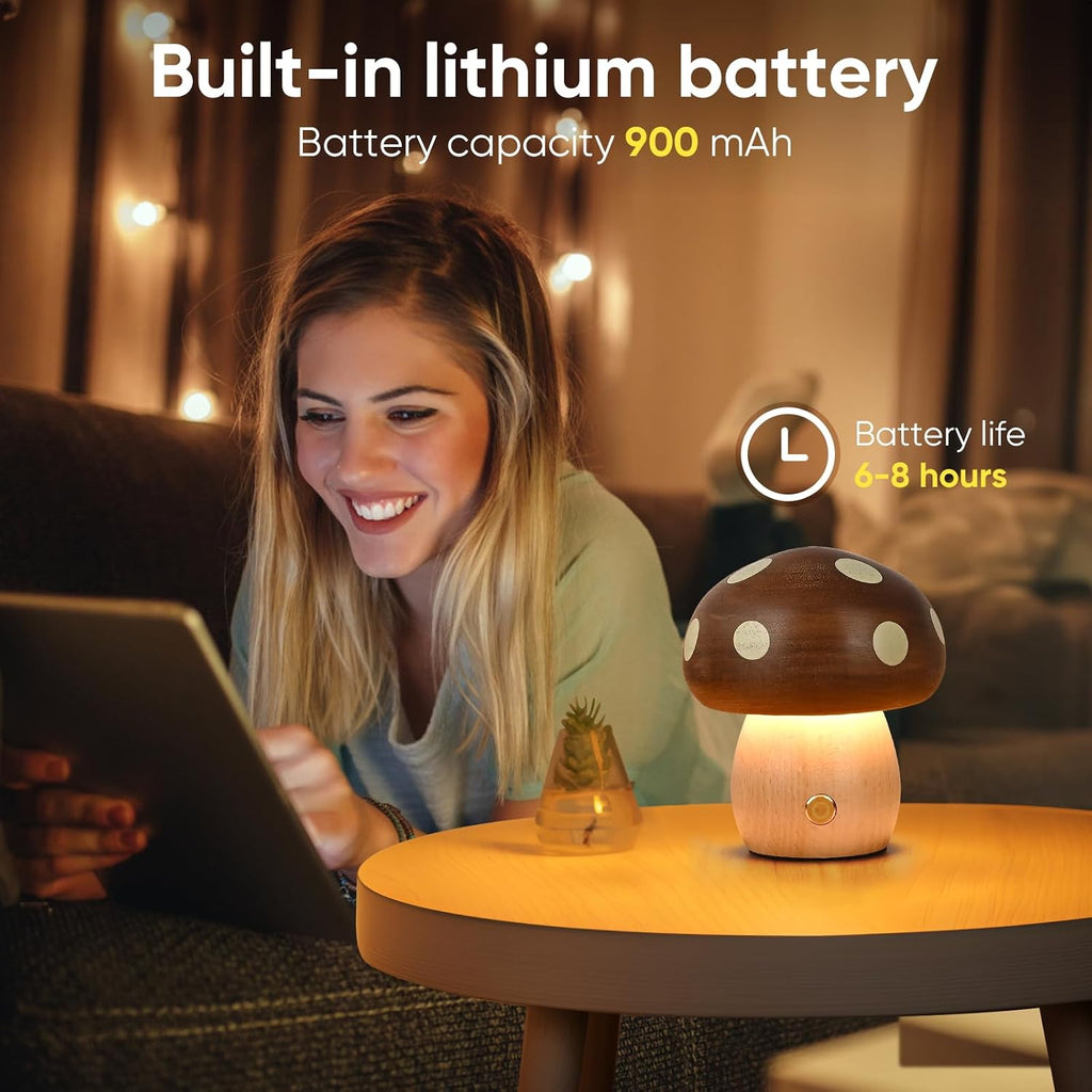 Wood Mushroom Lamp, Rechargeable Small Bedside Lamp for Nursery Bedroom