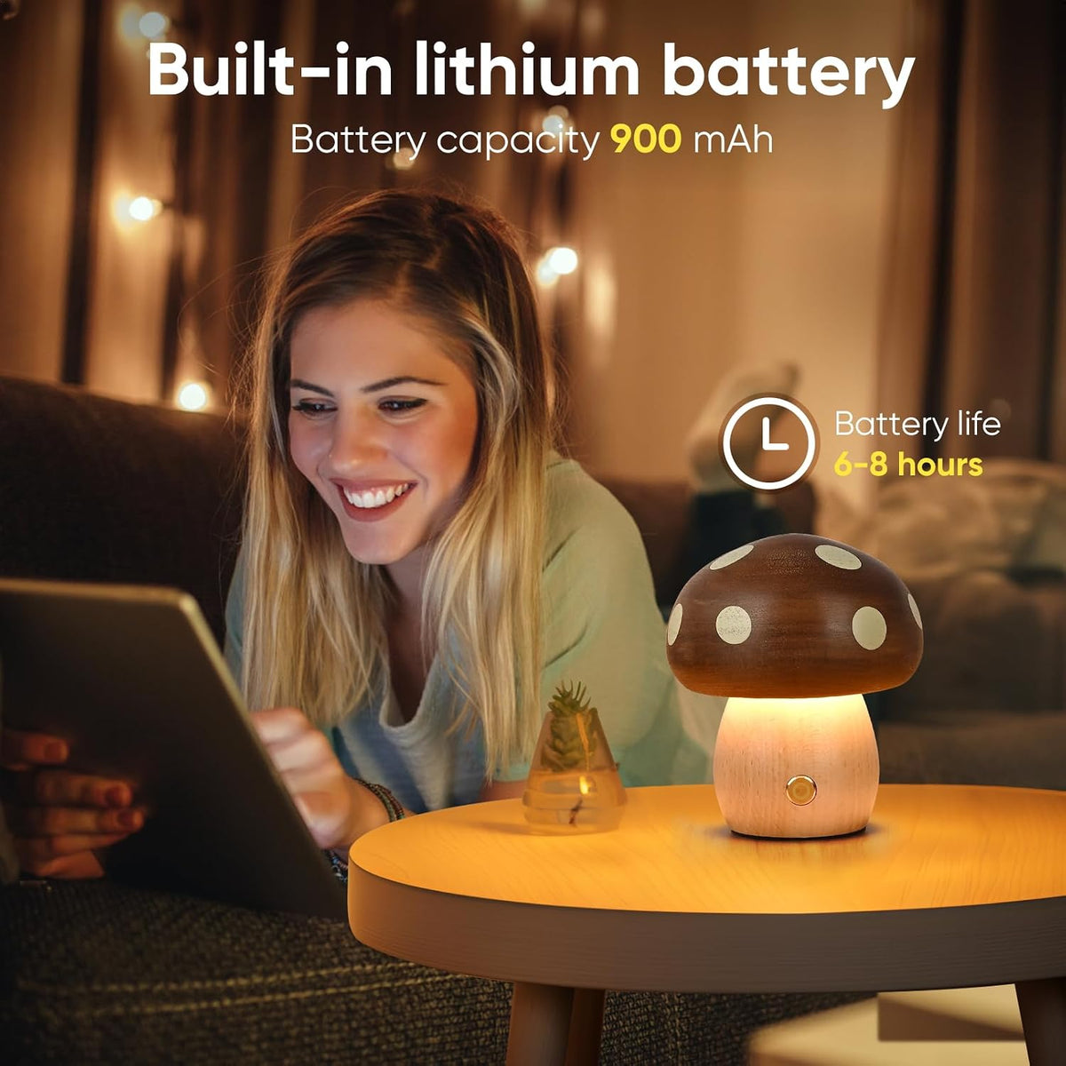 Wood Mushroom Lamp, Rechargeable Small Bedside Lamp for Nursery Bedroom