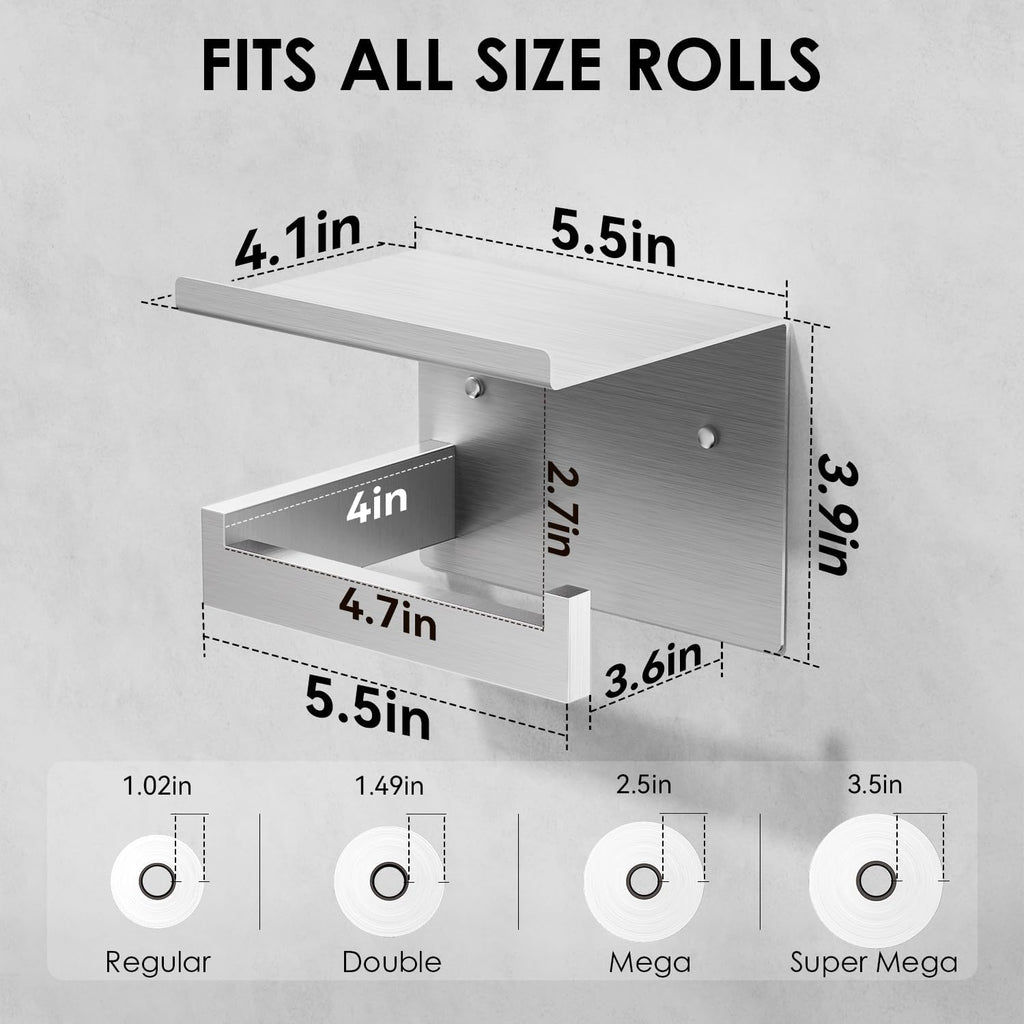 Auxmir Toilet Paper Holder with Shelf, Self Adhesive or Screw Mount, Silver