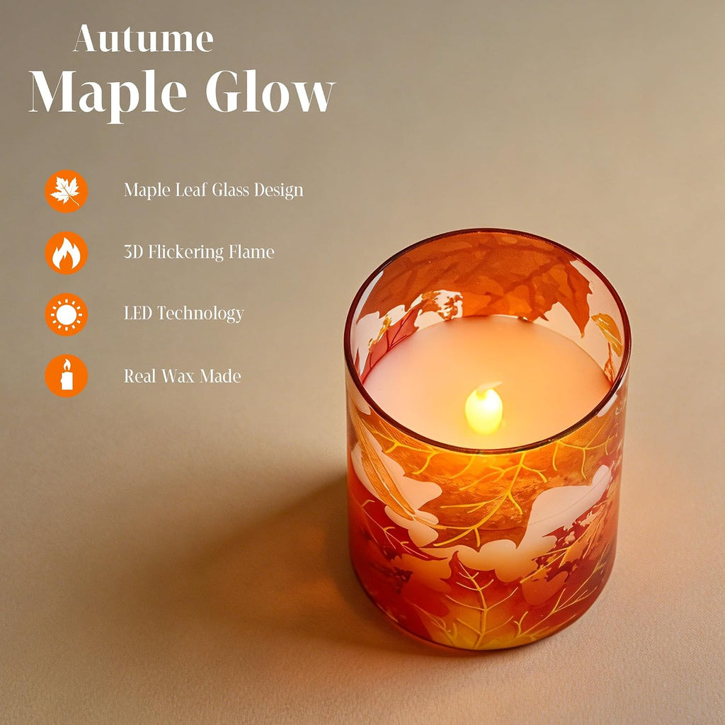 Fall Flameless Candles, 3 Pack Glass Pillar Candles, Maple Leaf
