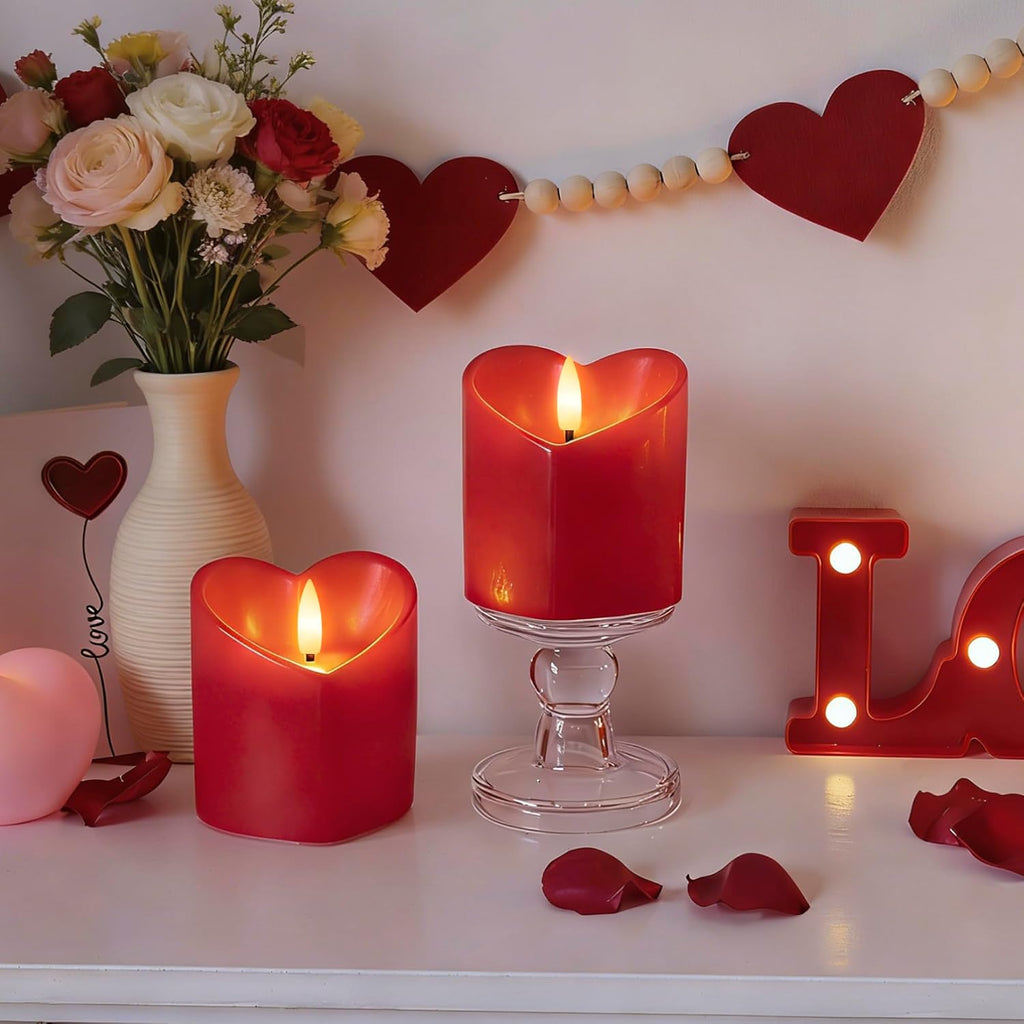 JOIONE Valentines Day Red Heart Flameless Candles with Remote, 2 Pack