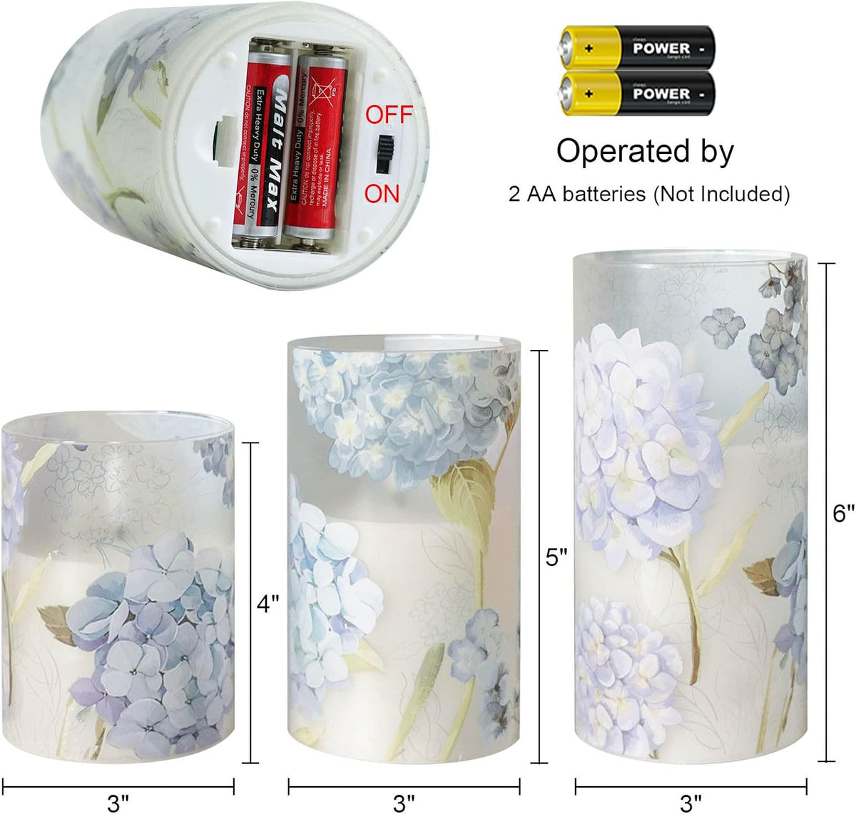 Hydrangea Glass Flameless Candles Batttery Operated Remote Timer