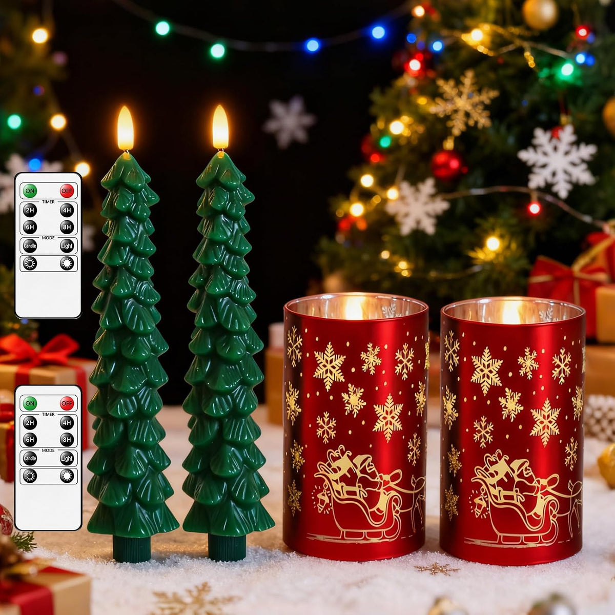 Lezonic Christmas Flameless Candles with Remote, Green Christmas Tree Flickering Battery Operated Window Candlesticks, Red Glass Xmas New Year Decorations Gifts, Set of 4 Real Wax LED Candles