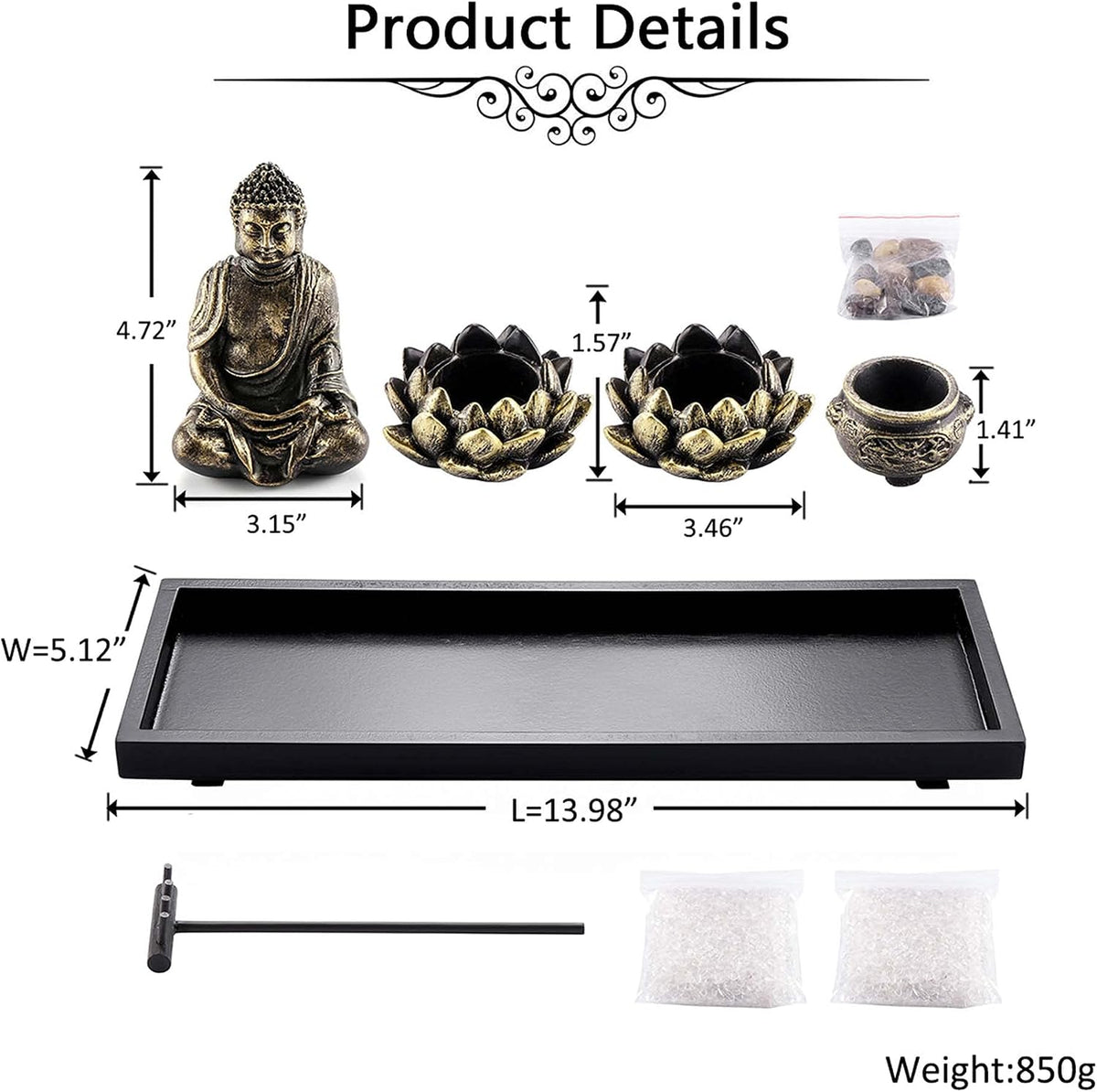 Jovivi Zen Garden Set Buddha Statue 2 Lotus Tealight Candle Holders
