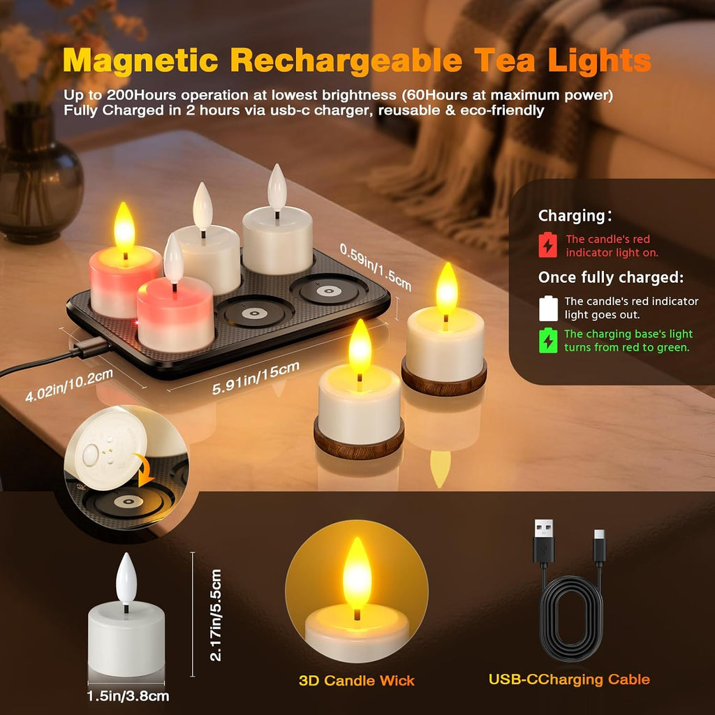 Yme Waterproof Rechargeable Tea Lights with Remote,Magnetic Charger Base