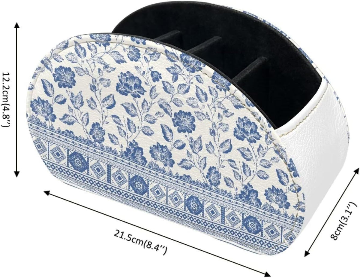 Blue and White Flower Office Desk Organizers with 5 Compartments, Remote Control Holder Desktop/TV Stand/Nightstand Remote Caddy,for Glasses/Cosmetic Brushs/Pens