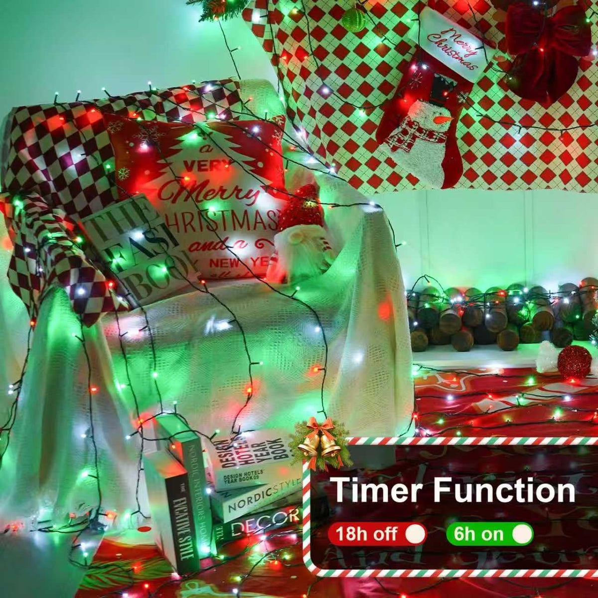 QITONG 165ft 500 LED Red White and Green String Lights, 8 Modes Twinkle String Lights Outdoor Waterproof, Green Wire Christmas Tree Lights Plug in Indoor