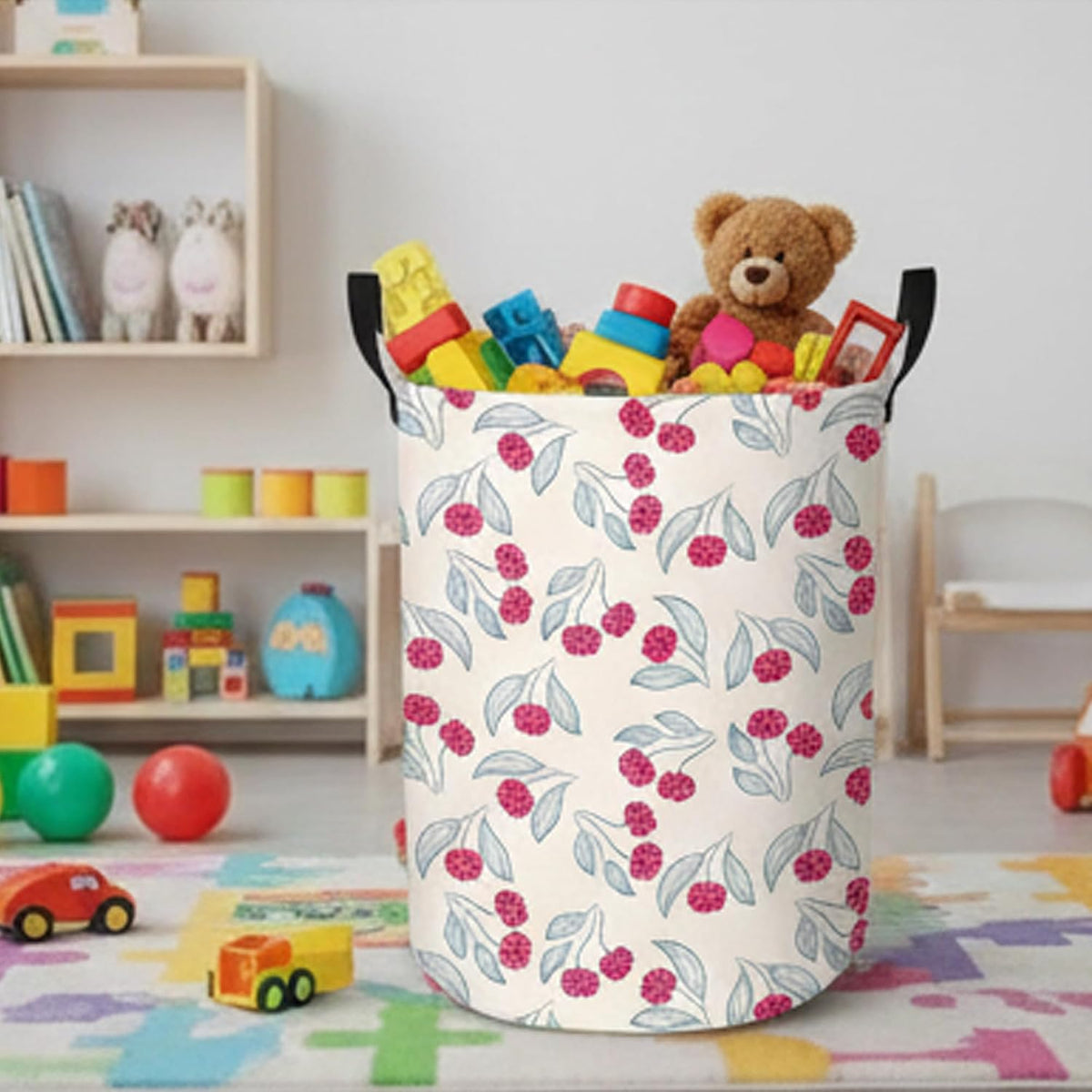 Cute Girls Baby Laundry Basket Kids Clothes Gift Hamper Nursery Cherry Room Decor (Blue Leaf Dot Cherries)
