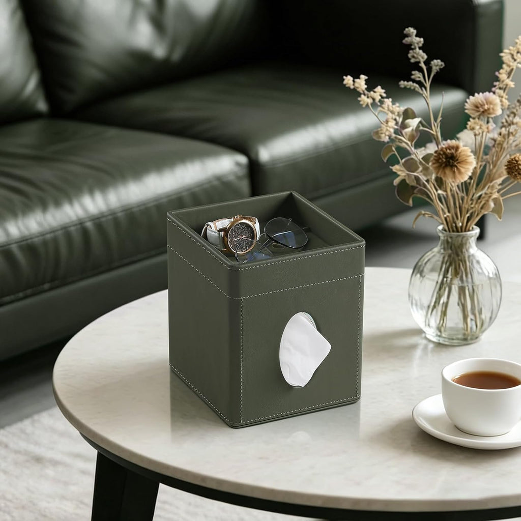 PU Leather Tissue Box Cover Square Tissue Box Holder Tissue Holder (Green)