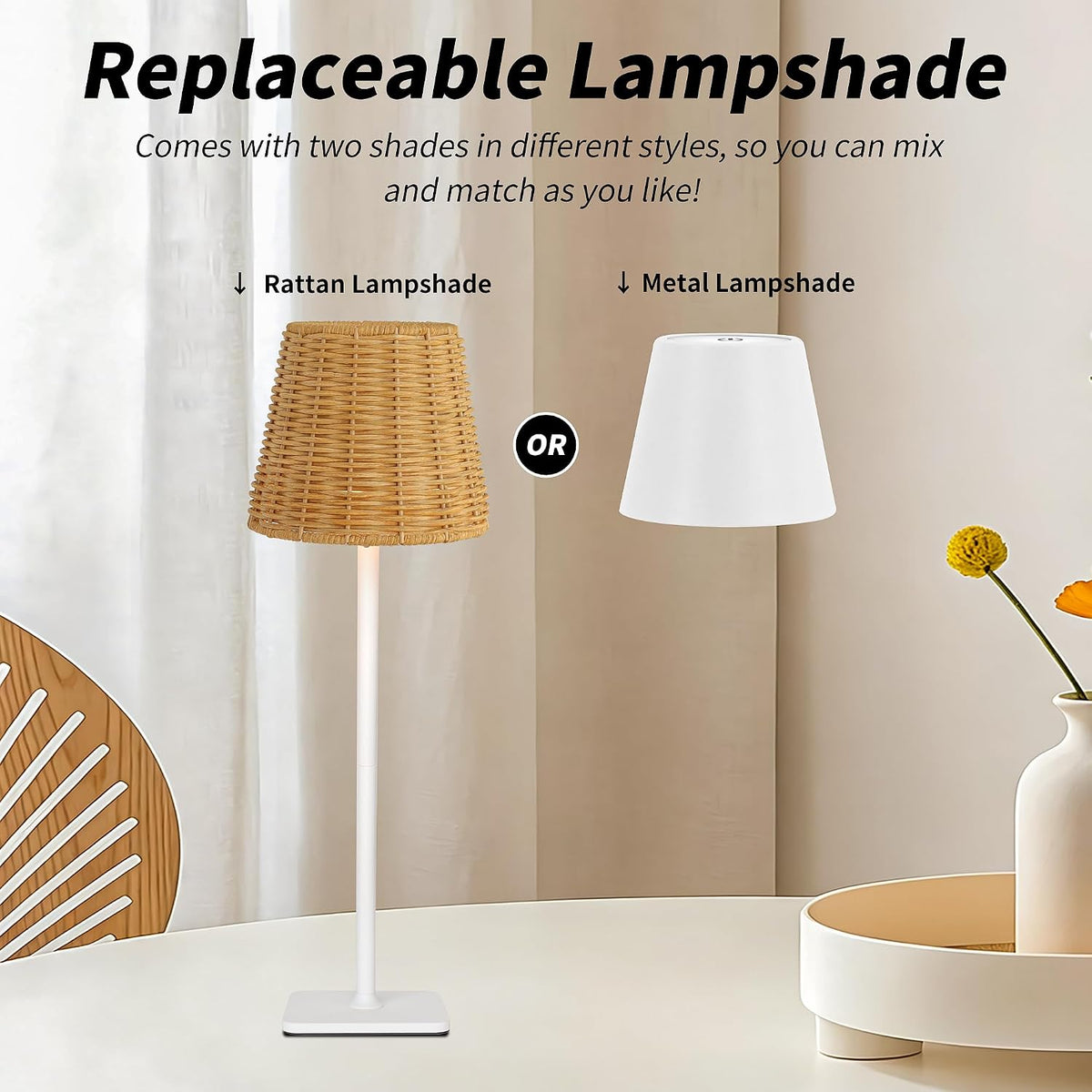 Mr. White Outdoor Waterproof Cordless Set of 2 Rechargeable Portable Top Touch Battery Operated Powered LED Table Lamp with Rattan lampshade for Restaurant Kitchen Patio Dinner Dining (White 2 Pack)