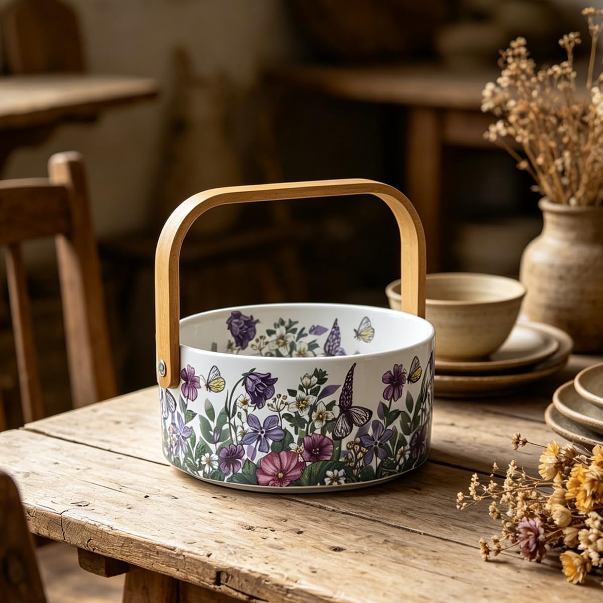 Ceramic Fruit Basket with Detachable Wooden Handle Candy Dish Decorations Ornaments Decorative Bowl for Home Kitchen & Dining Table Office Decor (Violet, 1000ml)
