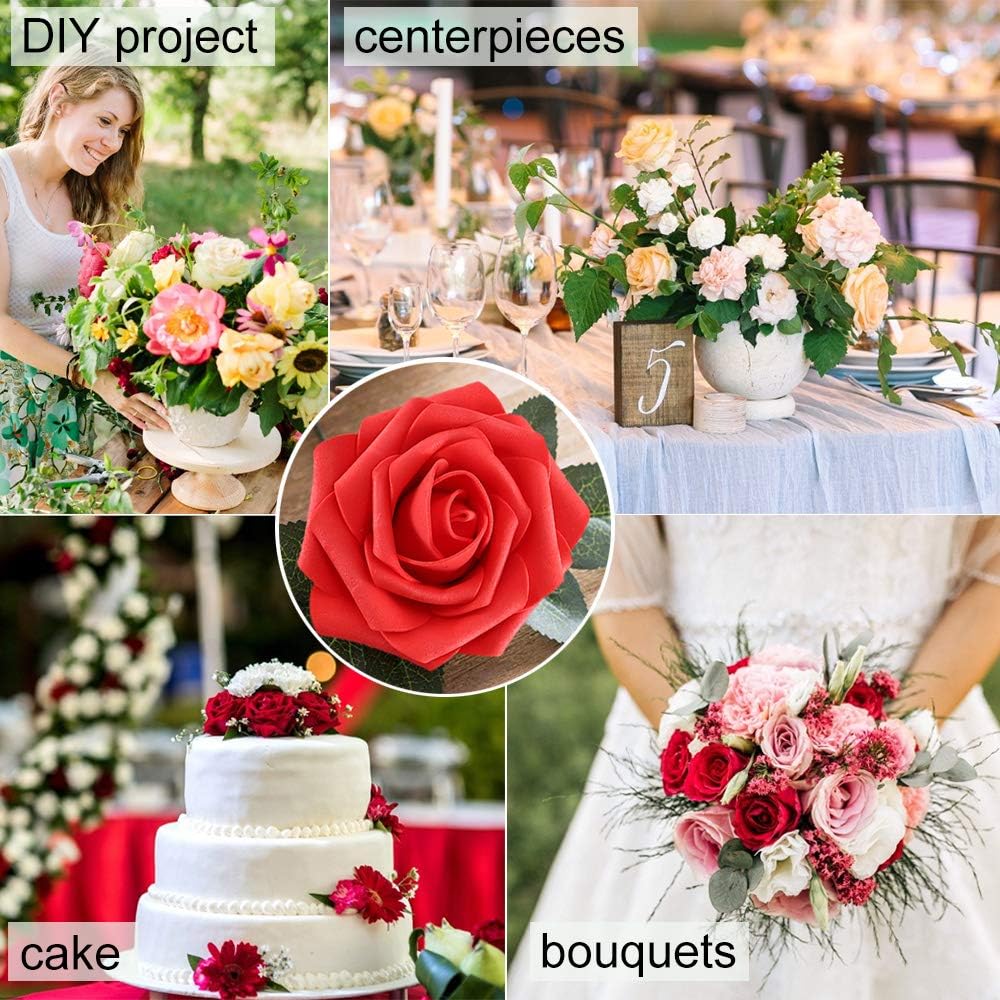 Higfra Artificial Flowers 25pcs Real Looking Fake Roses with Stems for DIY Wedding Bouquets Baby Shower Centerpieces Floral Arrangements Party Tables Home Decorations