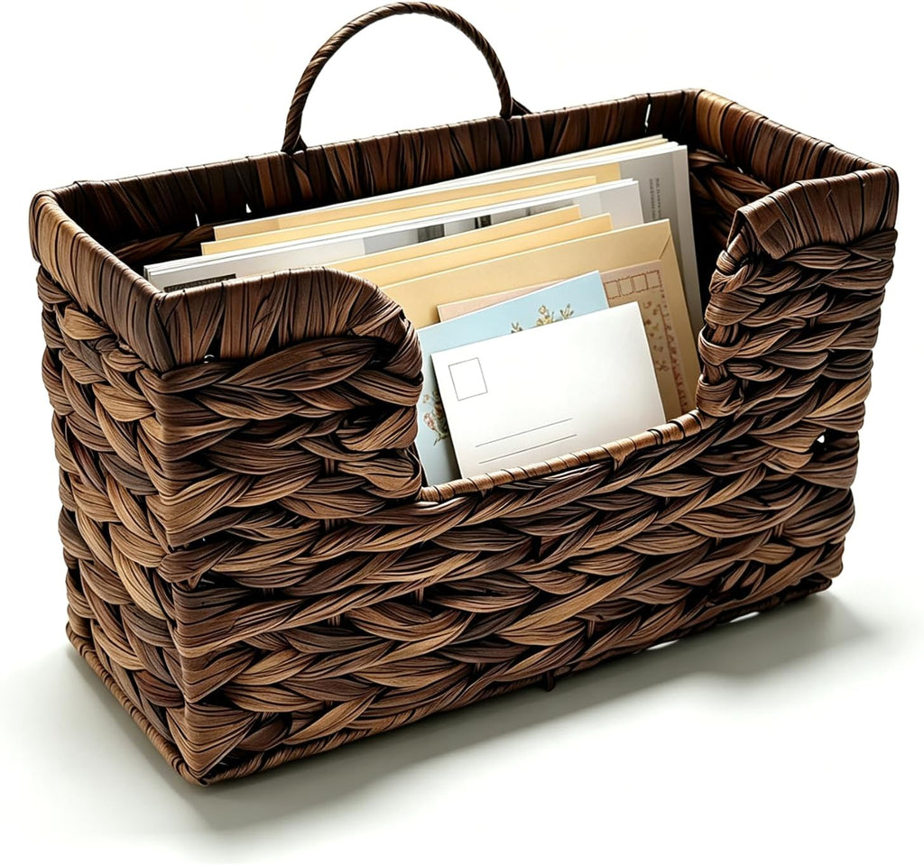 Hanging Magazine Basket, Woven Wall Magazine Holder Organizer with Handle for Mail, Files, Books - Water Hyacinth Farmhouse Storage Rack for Bathroom, Kitchen, Office (1, Brown)