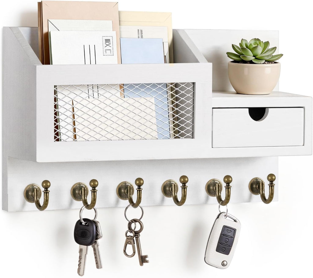 FifthQuarter Key Hanger Wall Mount with Drawer and 6 Sturdy Hooks, B-White