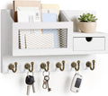 FifthQuarter Key Hanger Wall Mount with Drawer and 6 Sturdy Hooks, B-White