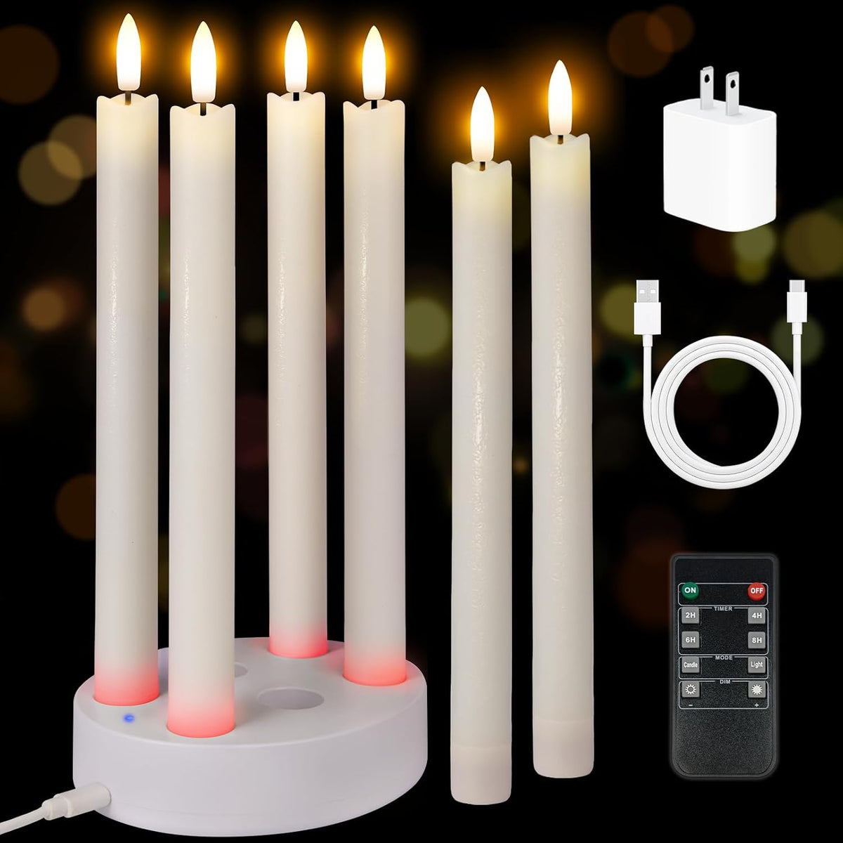 Rechargeable Flameless Taper Candles with Remote & Charging Base, 6 Pack