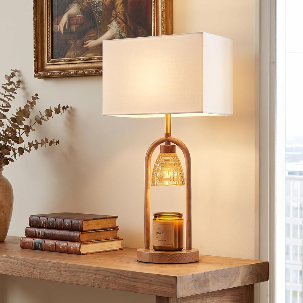 PoKat 22'' Farmhouse Table Lamp with Candle Warmer for Bedroom, Wood-Like