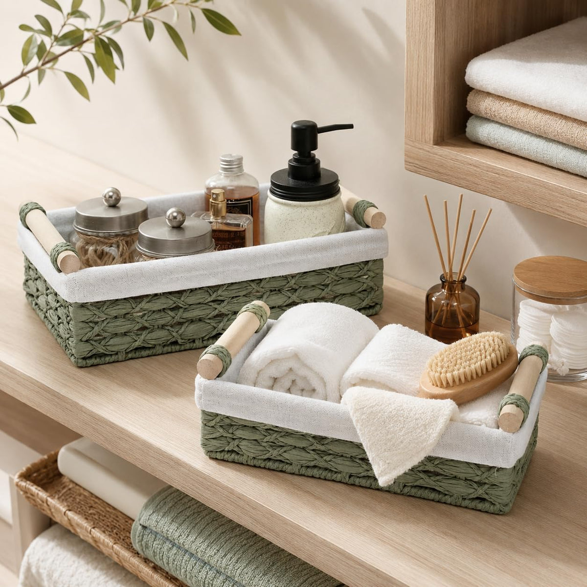 Sage Green Bathroom Baskets Set of 2, Paper Rope, Wood Handles