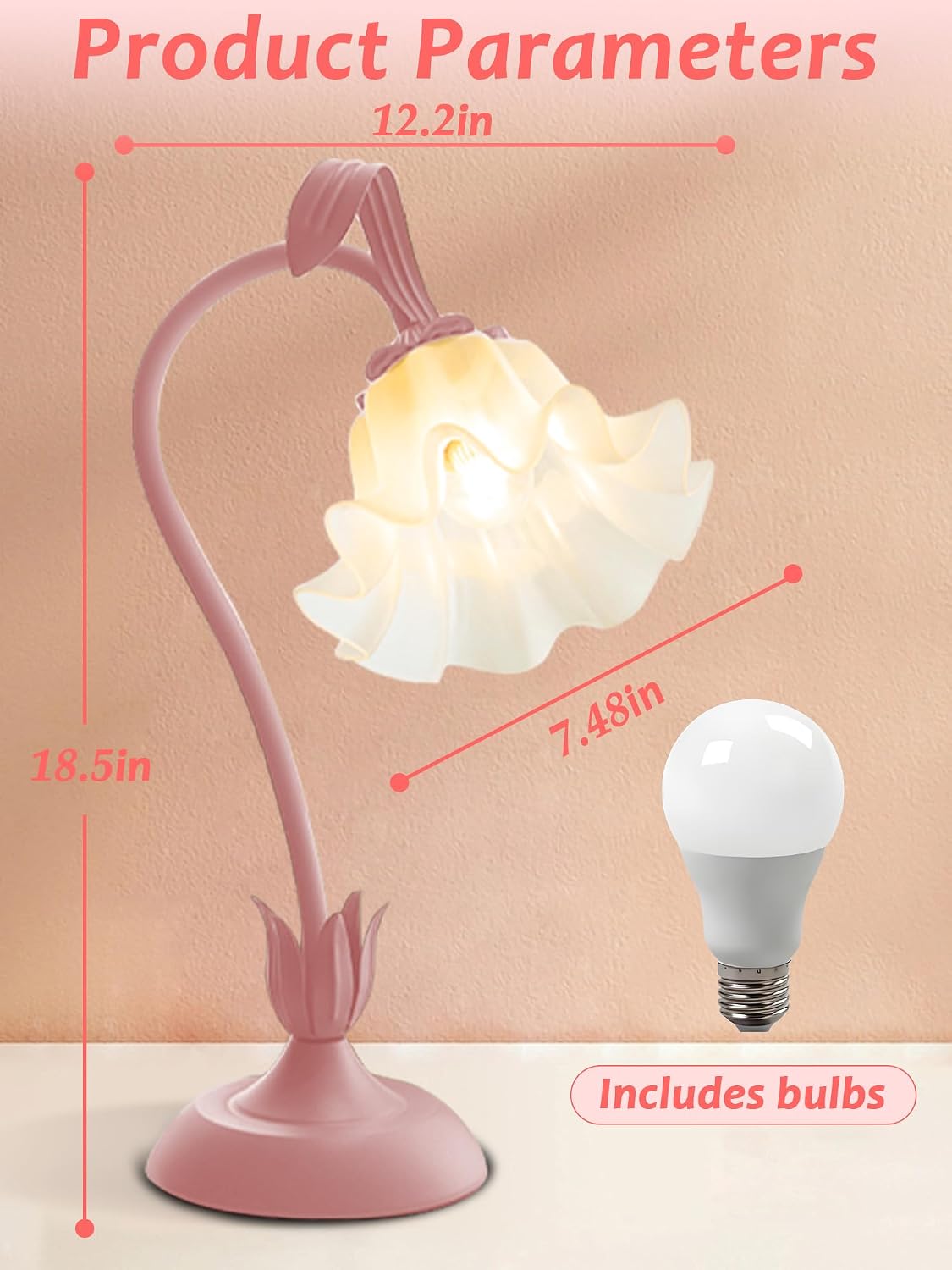 Flower Table Lamp, LED Reading Light Bedside Vintage Night Light (Pink)