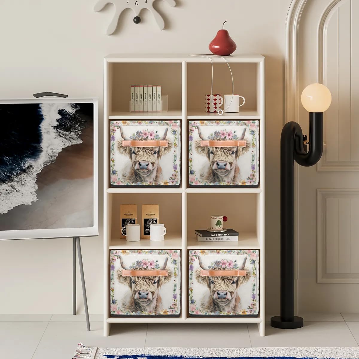 11 Inch Fabric Storage Cube with Handles, Highland Cow Collapsible Storage Basket for Shelves, Square Storage Bin Canvas Closet Organizer for Decor
