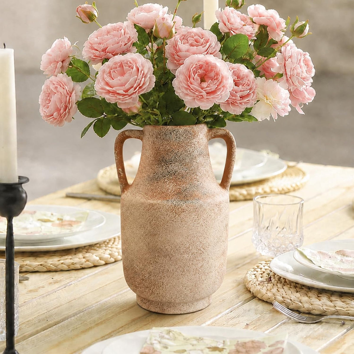 Deep Dream Ceramic Flower Vase with Handles, 11 Inch Large Ceramic Vase, Decorative Tall Terracotta Vase, Farmhouse Rustic Vase for Home Decor, Shelf, Living Room, Bedroom,Table (Terracotta)
