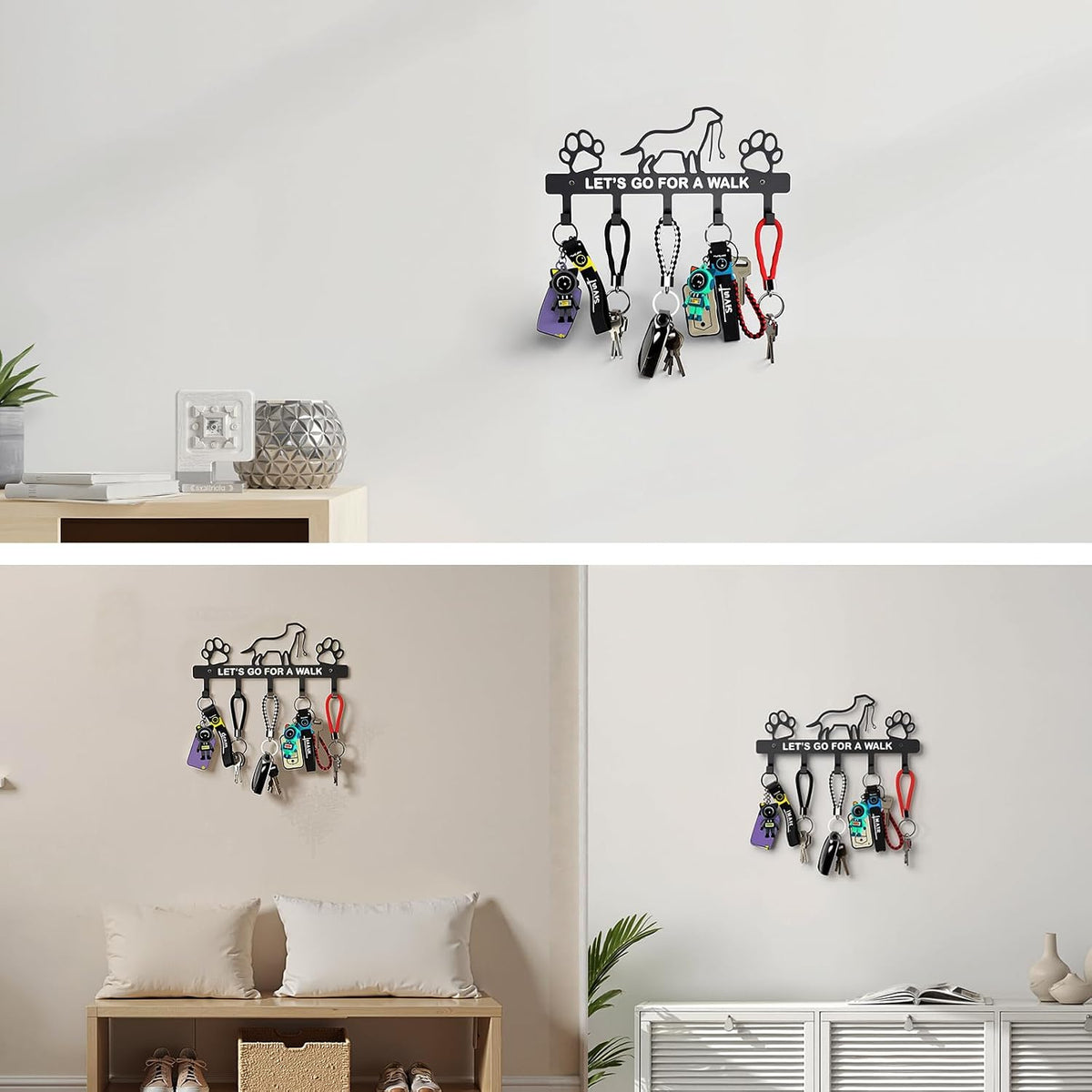 Key Holder Wall Mounted with Screws and Anchors, Black Multifunctional Key Hanger with 5 Hooks, Entryway Front Door Kitchen Hallway Garage Office