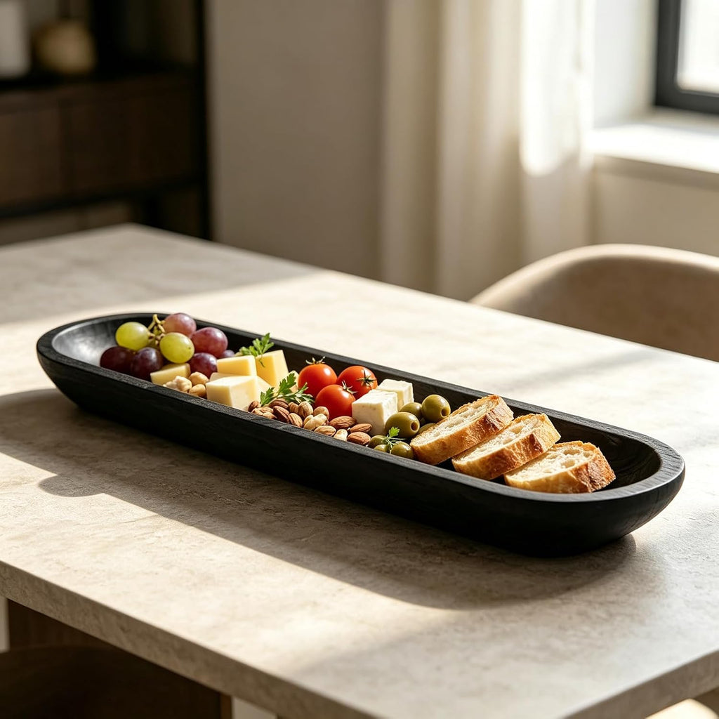 Decorative Wooden Dough Bowls 30 Inch, Long Natural Root Hand Carved Bowl Large Bread Shaped Wooden Tray, Rustic Centerpiece Dining Room Table Centerpiece Potpourri Decor Display Bowl-Black