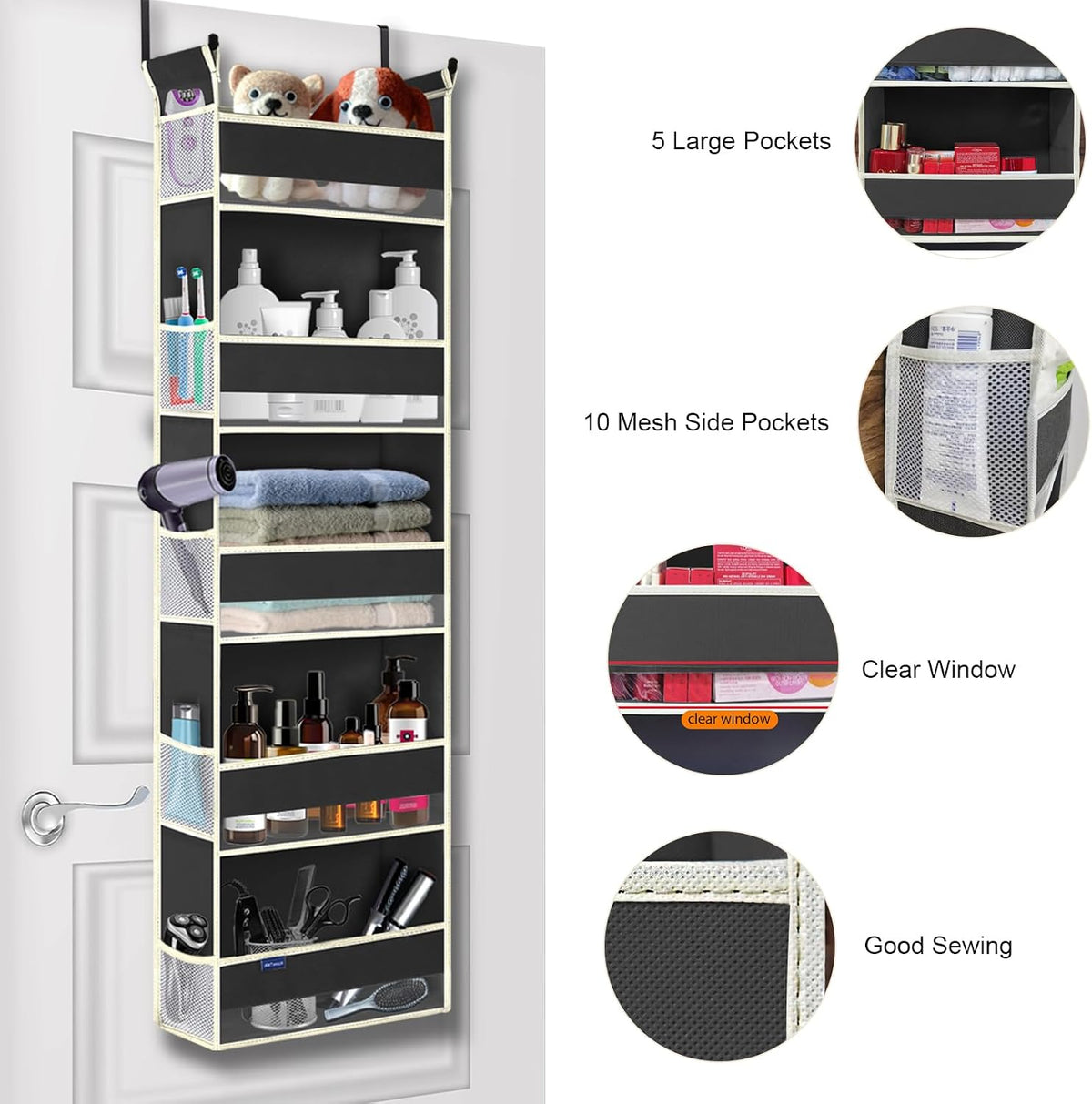 Over The Door Hanging Organizer 5-Shelves and 10 Side Pockets, Over The Door Storage for Bathroom and Bedroom, Back of Door Organizers for Baby Accessories and Kid's Toys (13"x5"x44", Black)