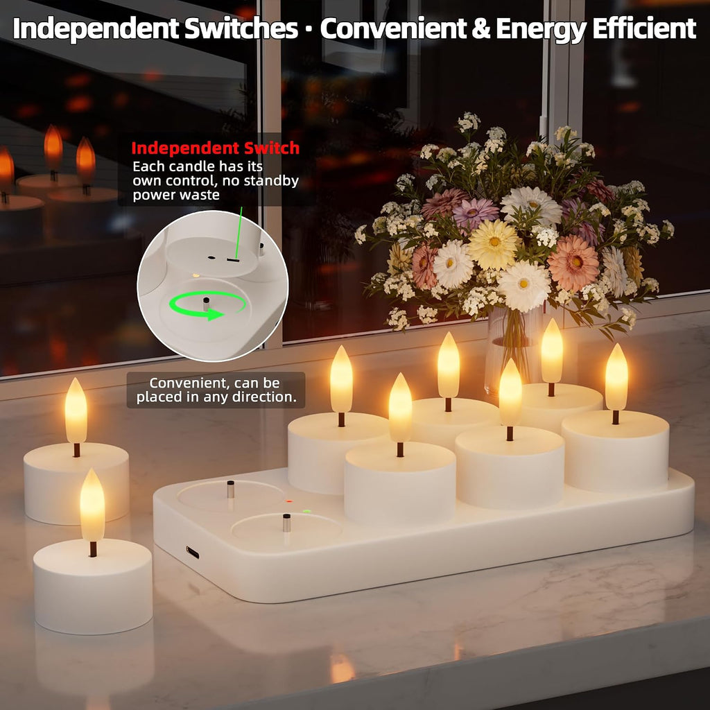 Rechargeable Flameless Tea Lights Candles with Charging Station Remote 8Pcs