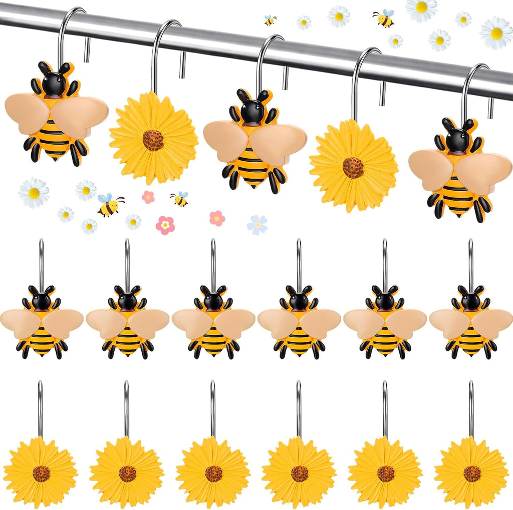 Thyle 12 Pcs Spring Daisy Flower Bee Shower Curtain Hooks, Spring Flower Resin Ornament Rings Cute Yellow Shower Curtain Hooks Decorative Rings for Home Holiday Wedding Bathroom Bedroom Accessories