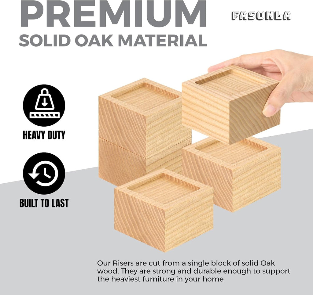 FASONLA Bed Risers (Set of 4) - Oak Solid Wood Furniture Risers Lifts Height 2" with Non-Slip Recessed Hole (4pcs-2" Height-Natural Color)