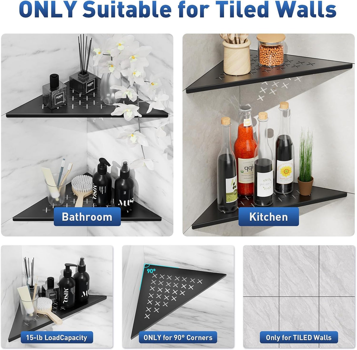 lives Shower Corner Shelf 2 Pack, 10-Inch 304 Stainless Steel, Black Cross