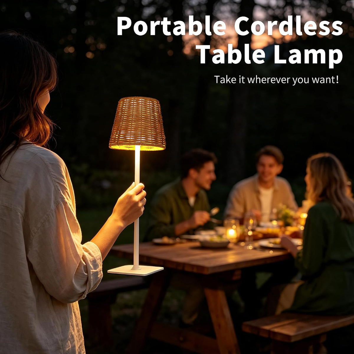 Mr. White Outdoor Waterproof Cordless Set of 2 Rechargeable Portable Top Touch Battery Operated Powered LED Table Lamp with Rattan lampshade for Restaurant Kitchen Patio Dinner Dining (White 2 Pack)