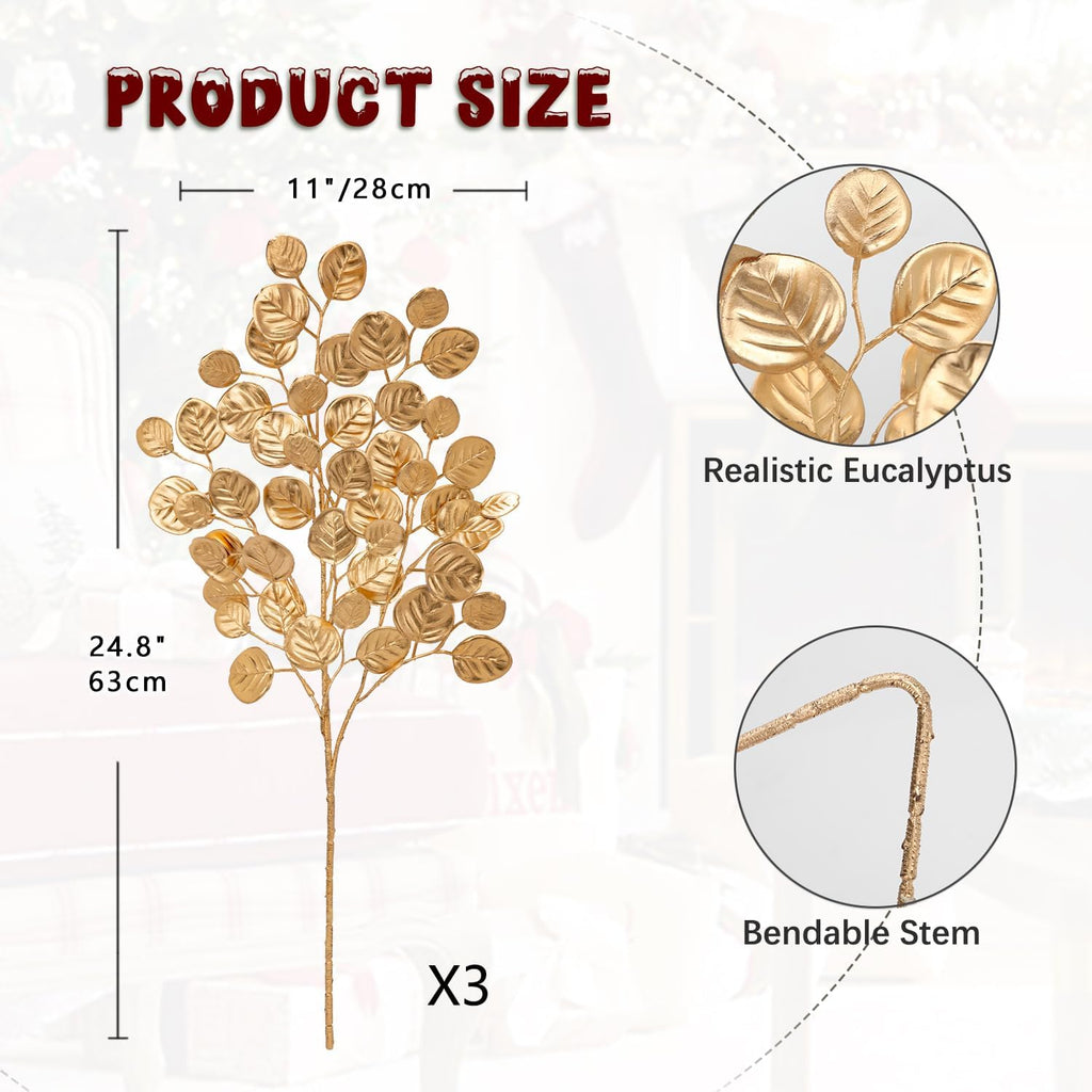 Hollyone 24.8” Christmas Tree Picks and Sprays 3Pcs Golden Artificial Eucalyptus Stems Eucalyptus Silver Dollar Leaves Branches Fake Gold Leaf Floral for Xmas Tree Garland Wreath Wedding Decor