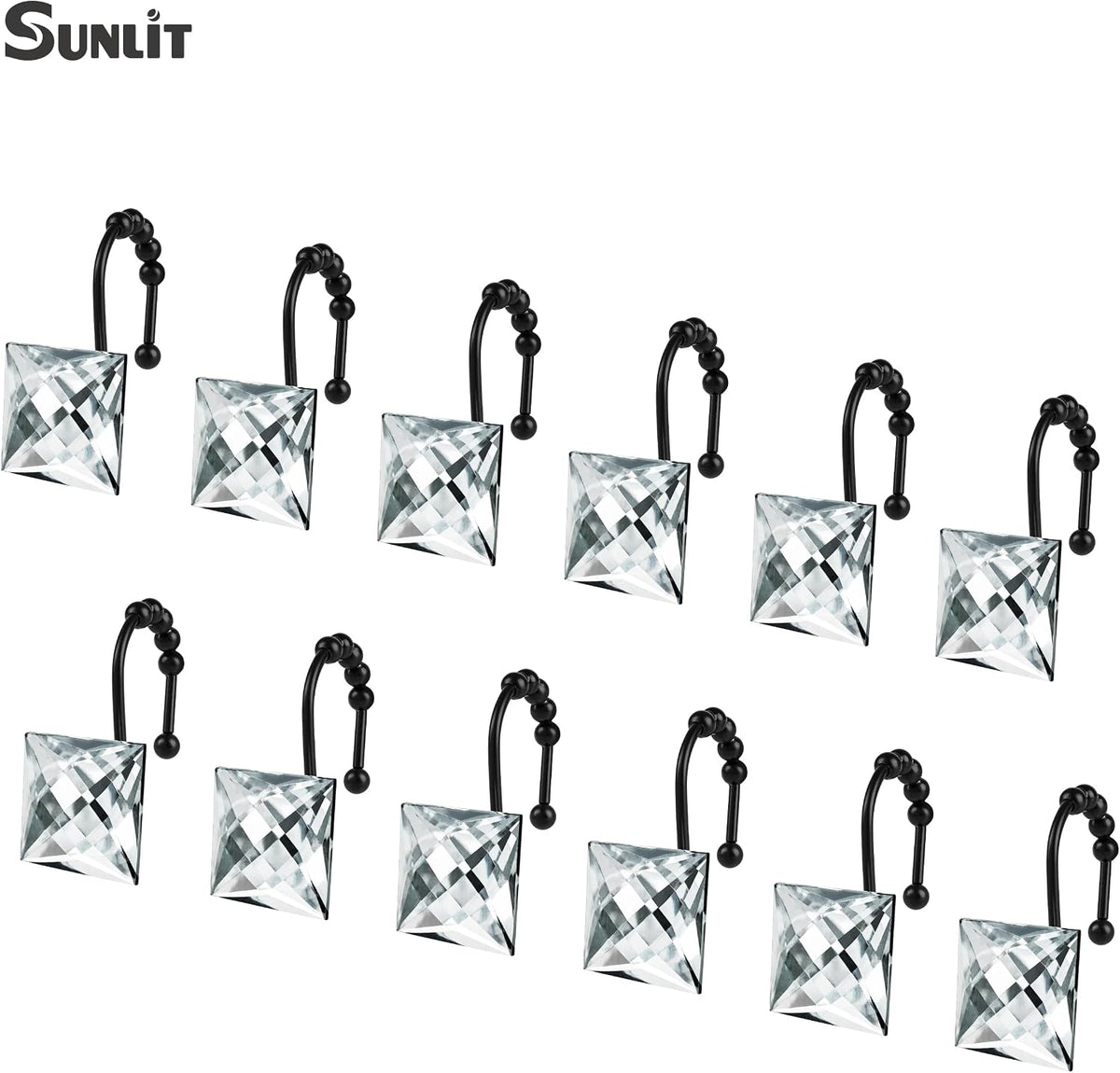 Sunlit Square Rhinestone Shower Curtain Hooks with Glide Balls, 12 Pack