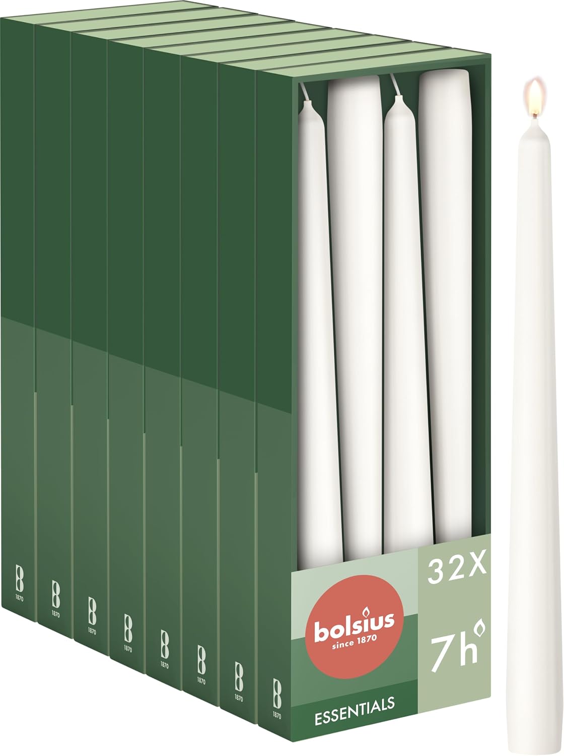 Bolsius Smooth Taper Candles - White - Pack of 32 - Decorative Household Candles - Burning Time 7 Hours - Unscented - Contains Natural Plant Wax - Without Palm Oil - 24.5 cm