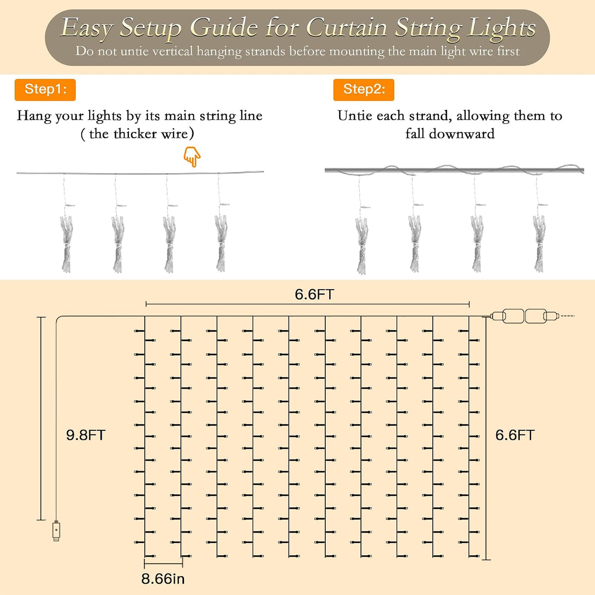 Curtain String Lights 200LED 6.6x6.6FT, Multicolor, IP44, 9.8FT Lead