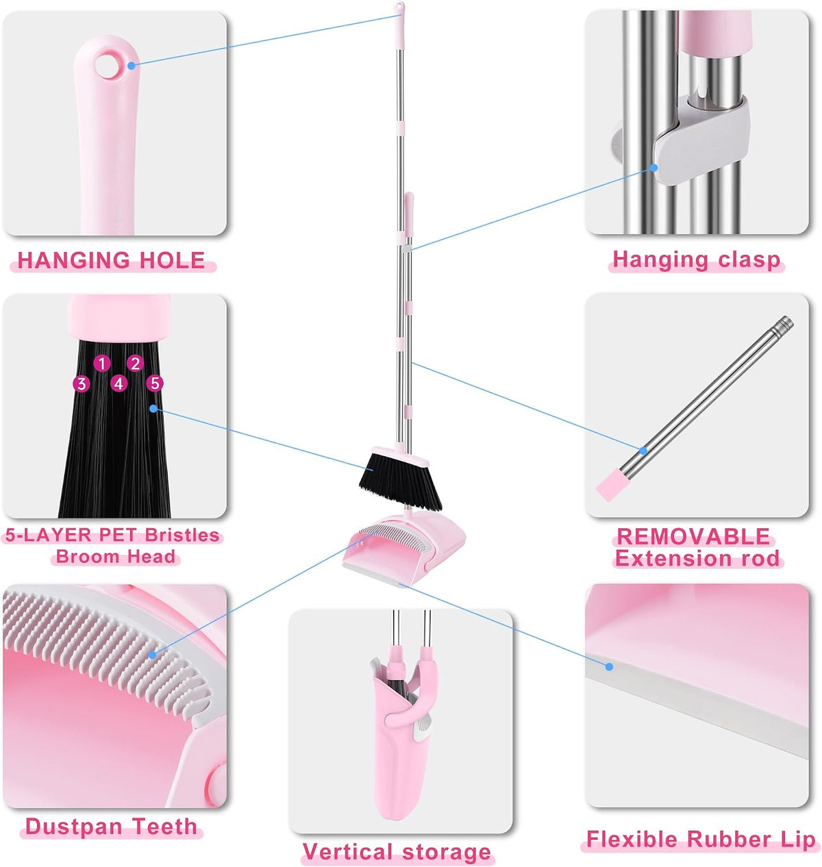 Broom with Dustpan Combo Set for Home, 52-in Long Adjustable Handle Angle Broom and Dustpan Set with Dustpan Comb Teeth for Sweeping Pet Hair Food Dirt Kitchen