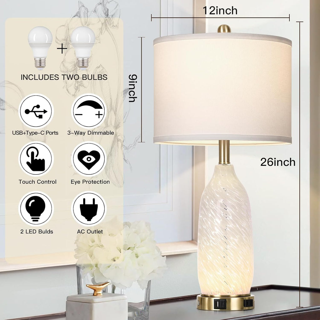 Rinweey 26" Modern Clear Glass Table Lamps Set of 2,Nightstand Lamp with USB A+C Ports & AC Outlet,Bedside Lamps with 3-Way Dimmable Touch Control Night Light for Bedroom Living Room(Bulbs Included)