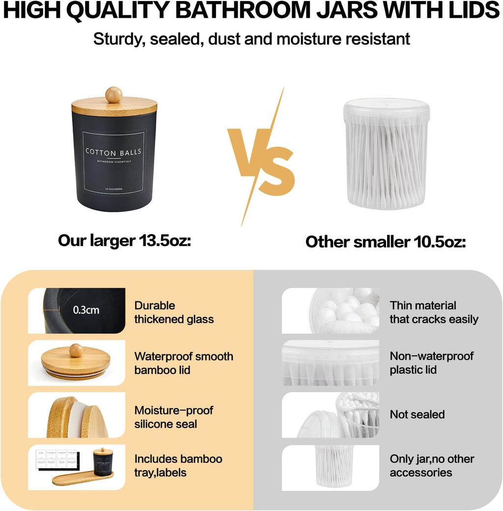 3 Pack Qtip Holder Bathroom Set with Tray,13.5oz Cotton Round Ball Pad Holder Cotton Swab Floss Pick Dispenser,Bathroom Organizers and Storage Container,Glass Apothecary Jars Canisters with Lids-Black