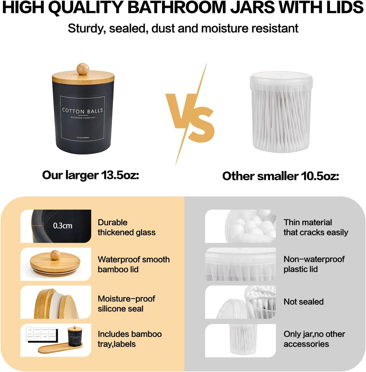 3 Pack Qtip Holder Bathroom Set with Tray,13.5oz Cotton Round Ball Pad Holder Cotton Swab Floss Pick Dispenser,Bathroom Organizers and Storage Container,Glass Apothecary Jars Canisters with Lids-Black