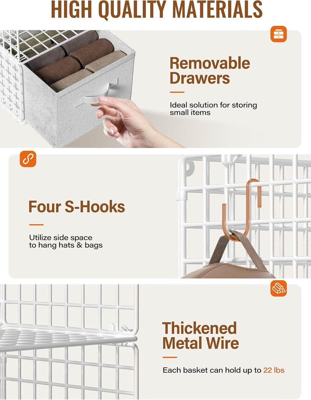 Closet Hanging Organizer with Drawers, 6 Tier Metal Closet Organizers and Storage with 4 Hanging Hooks 4 S-Hooks for Wardrobe Laundry Room, Wire Storage Shelf for Clothes Sweaters Pants (White)