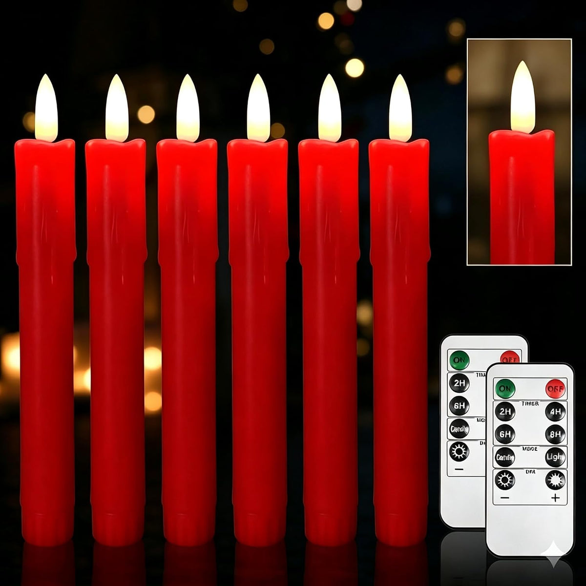Red Flameless Flickering LED Taper Candles with Remote Timer