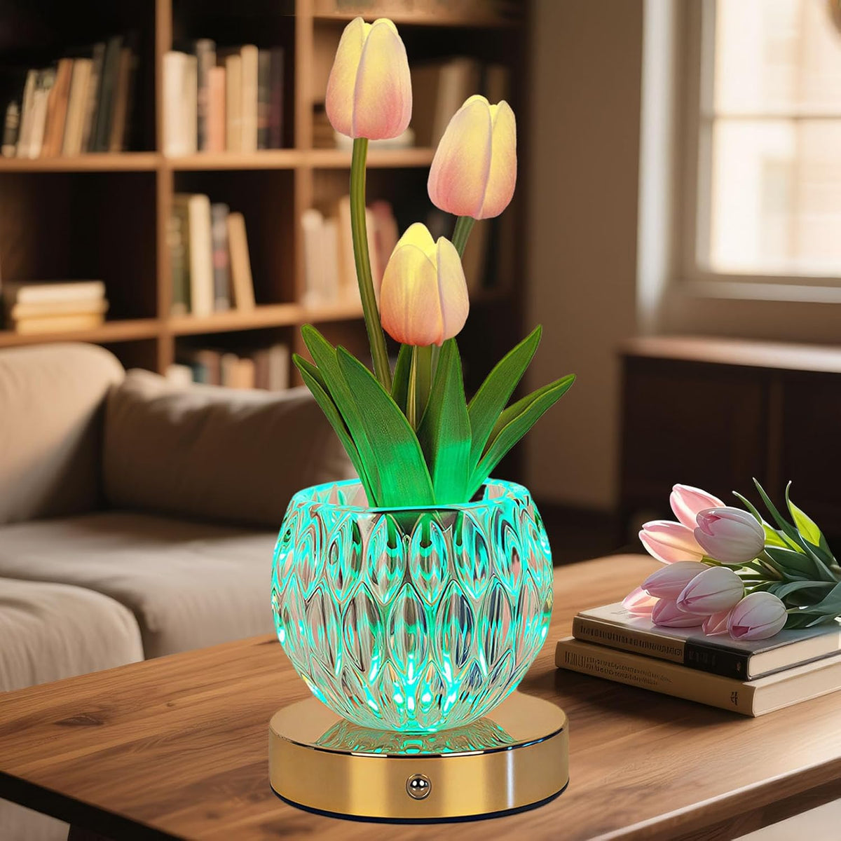 Tulip Table Lamp, 16 Color Changing Glass Night Light with Remote, Touch Dimming Artificial Flower Light, LED Colored Light Romantic Flower Decoration Gift for Girl Women Mom