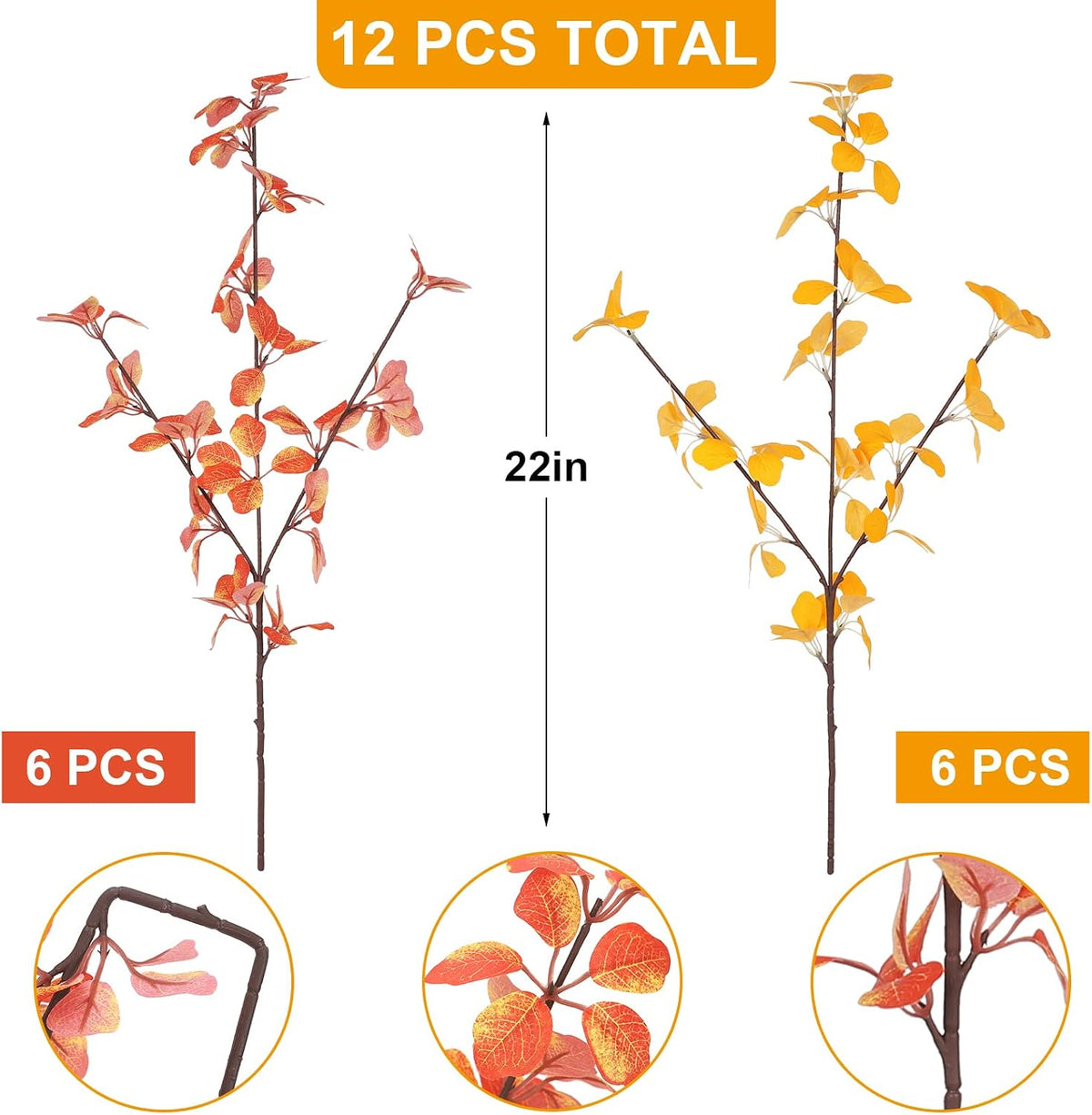 12Pcs 2Kinds 22''Fall Artificial Branches Faux Autumn Stems Fall Plant Branches Ficus Twig Leaves Fall Eucalyptus Branches for Autumn Thanksgiving Home Office Wedding Vase Fillers DIY Craft Decors